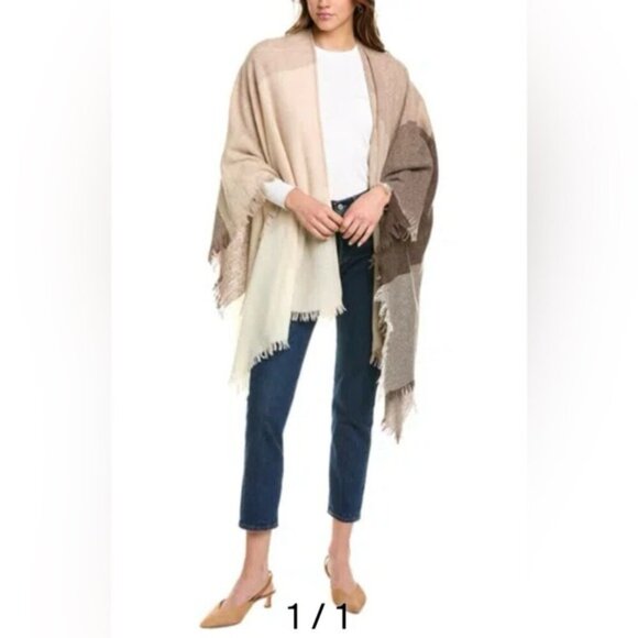 J.MCLAUGHLIN Rhon Poncho In Beige Neutral 100% Wool Cape Cardigan O/S Fringe - Picture 2 of 8